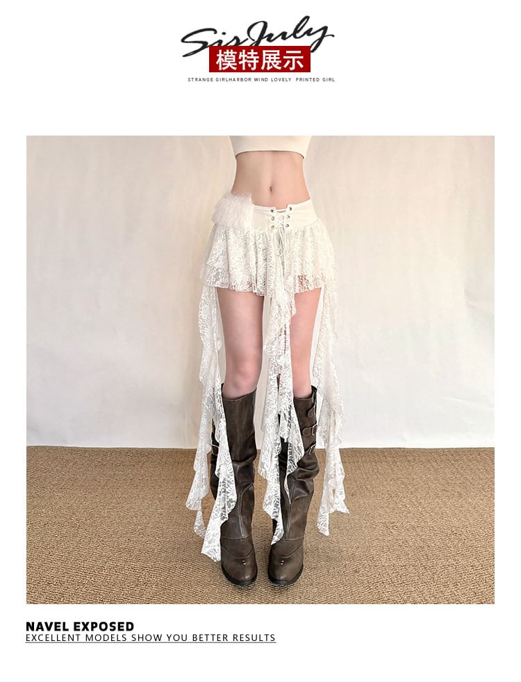 Asymmetrical Fluffy Panel Lace-Up Lace Mini A-Line Skirt Low Rise