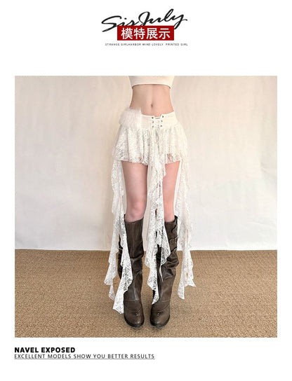 Asymmetrical Fluffy Panel Lace-Up Lace Mini A-Line Skirt Low Rise
