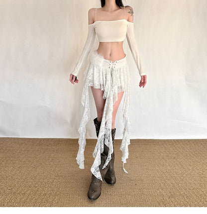 Asymmetrical Fluffy Panel Lace-Up Lace Mini A-Line Skirt Low Rise