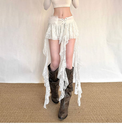 Asymmetrical Fluffy Panel Lace-Up Lace Mini A-Line Skirt Low Rise