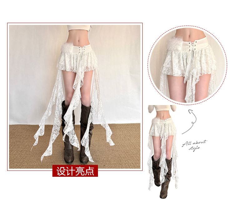 Asymmetrical Fluffy Panel Lace-Up Lace Mini A-Line Skirt Low Rise