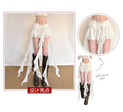 Asymmetrical Fluffy Panel Lace-Up Lace Mini A-Line Skirt Low Rise