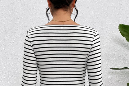 Striped Fitted Tee with V-Neck and Long Sleeves
