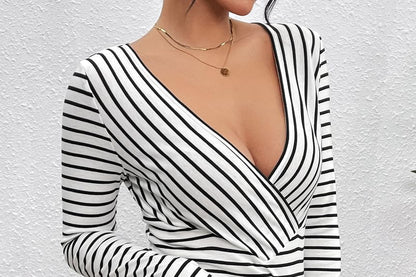 Striped Fitted Tee with V-Neck and Long Sleeves