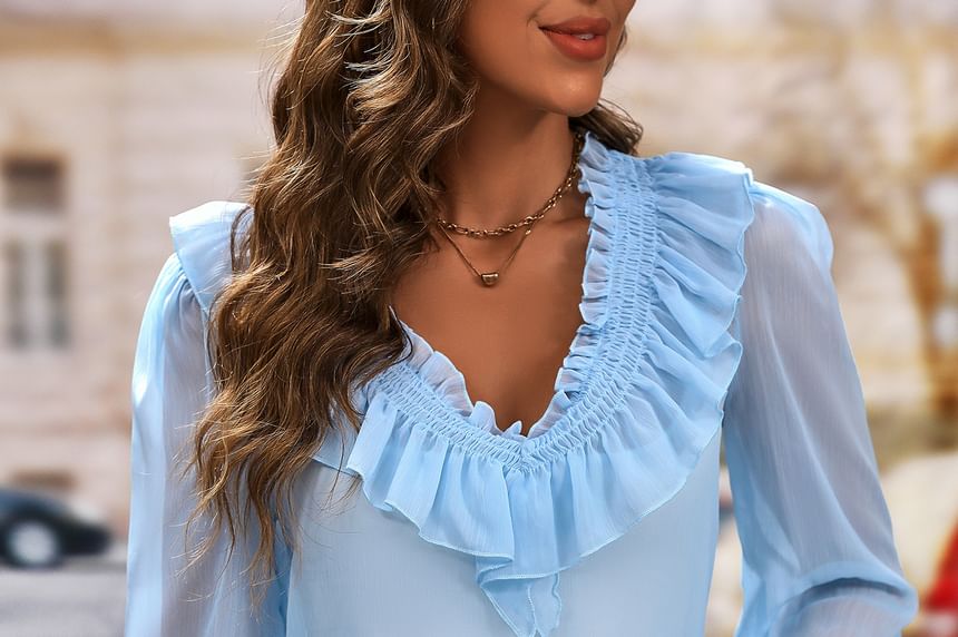 Ruffle Trim Sheer Blouse with V-Neck and Long Sleeves