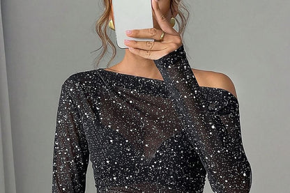 Sheer Fitted Top with Rhinestones and Off-Shoulder Long Sleeves