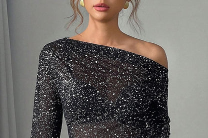 Sheer Fitted Top with Rhinestones and Off-Shoulder Long Sleeves
