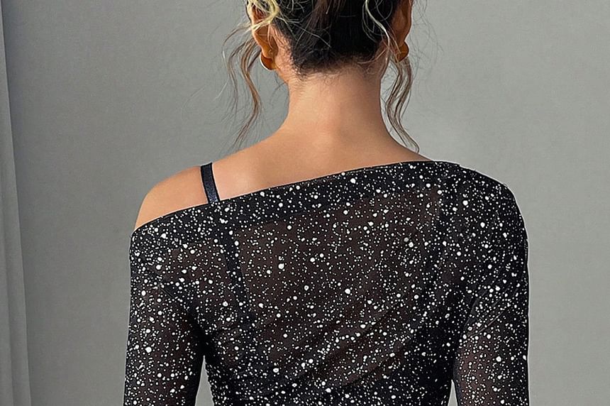Sheer Fitted Top with Rhinestones and Off-Shoulder Long Sleeves