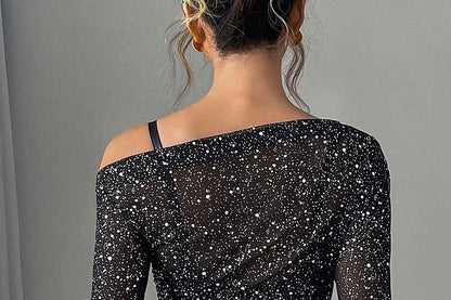 Sheer Fitted Top with Rhinestones and Off-Shoulder Long Sleeves