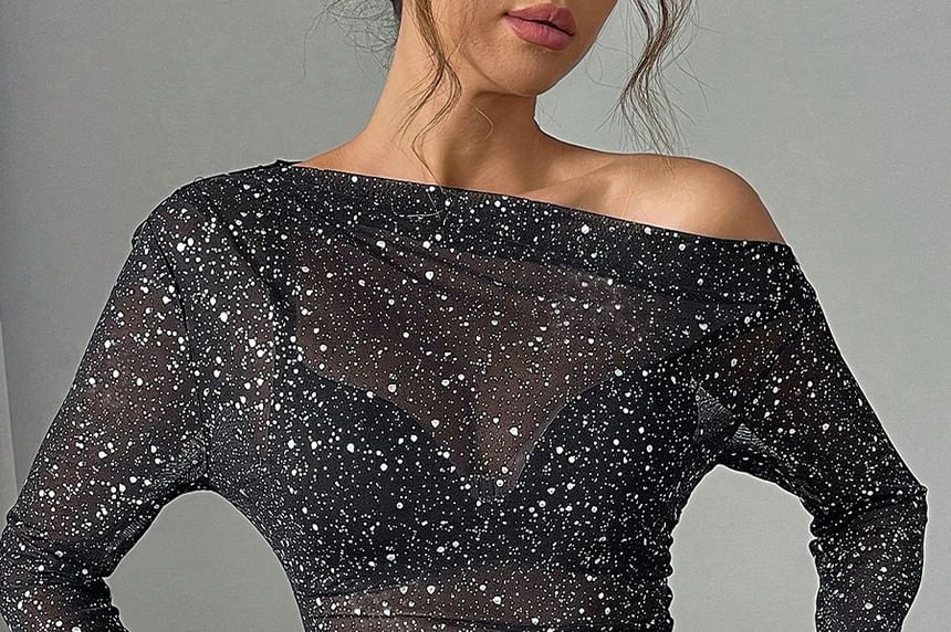 Sheer Fitted Top with Rhinestones and Off-Shoulder Long Sleeves