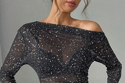 Sheer Fitted Top with Rhinestones and Off-Shoulder Long Sleeves