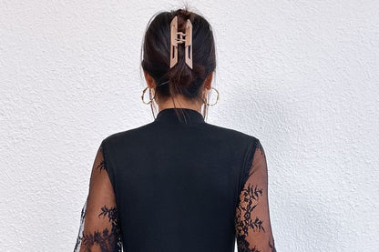 Lace Panel Bodysuit with Mock Neck and Long Sleeves