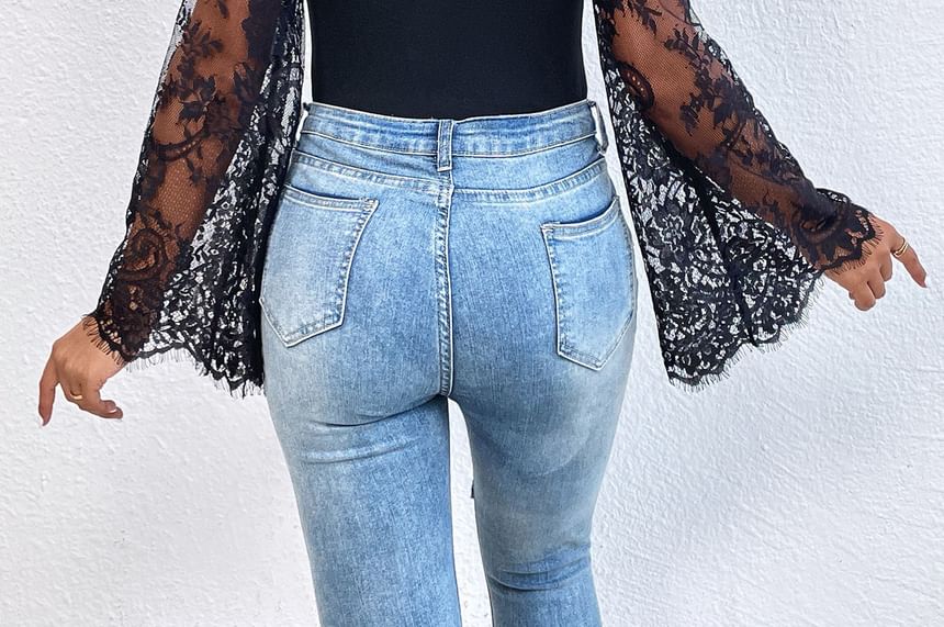 Lace Panel Bodysuit with Mock Neck and Long Sleeves