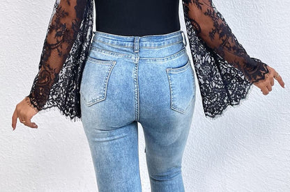 Lace Panel Bodysuit with Mock Neck and Long Sleeves
