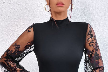 Lace Panel Bodysuit with Mock Neck and Long Sleeves