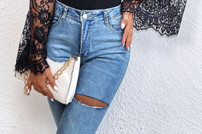 Lace Panel Bodysuit with Mock Neck and Long Sleeves