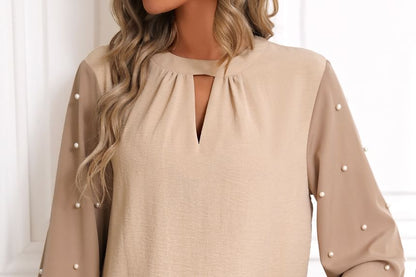 Faux Pearl Accent Cutout Blouse with Crew Neck and Two-Tone Design