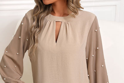 Faux Pearl Accent Cutout Blouse with Crew Neck and Two-Tone Design