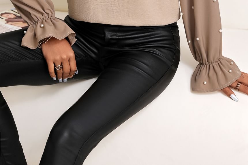 Faux Pearl Accent Cutout Blouse with Crew Neck and Two-Tone Design