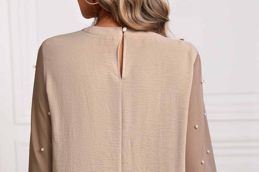 Faux Pearl Accent Cutout Blouse with Crew Neck and Two-Tone Design