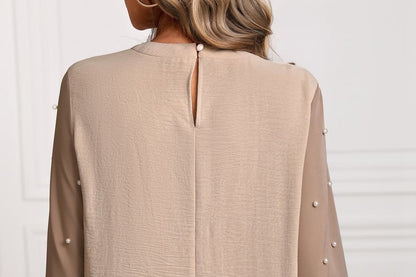 Faux Pearl Accent Cutout Blouse with Crew Neck and Two-Tone Design