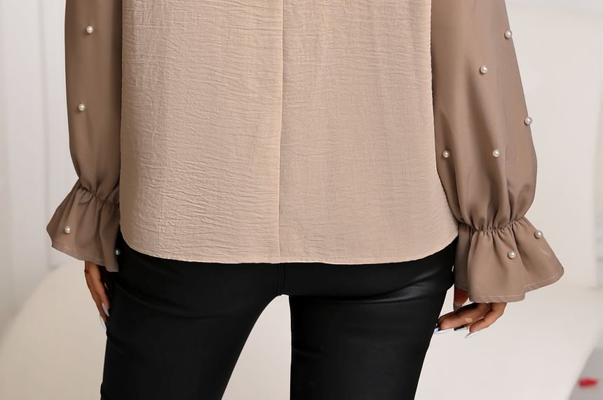 Faux Pearl Accent Cutout Blouse with Crew Neck and Two-Tone Design