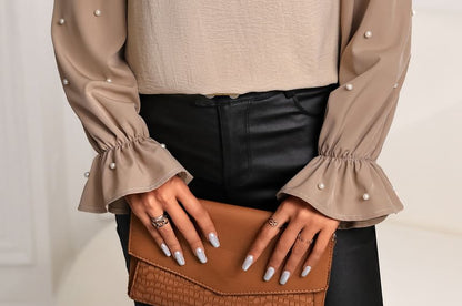 Faux Pearl Accent Cutout Blouse with Crew Neck and Two-Tone Design