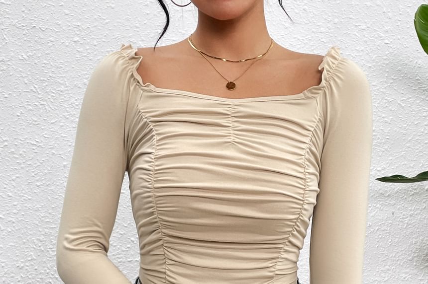 Ruched Crop Top with Square Neck and Long Sleeves in Solid Hue