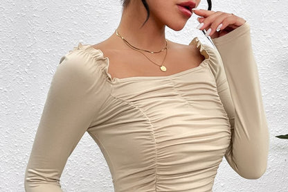 Ruched Crop Top with Square Neck and Long Sleeves in Solid Hue