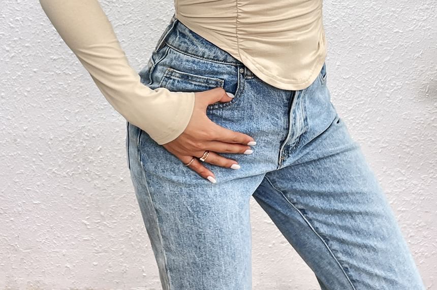 Ruched Crop Top with Square Neck and Long Sleeves in Solid Hue