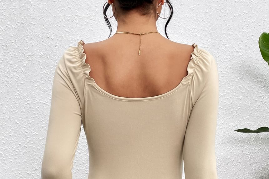 Ruched Crop Top with Square Neck and Long Sleeves in Solid Hue