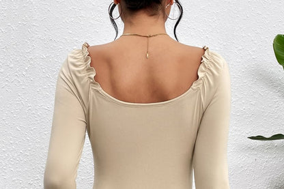 Ruched Crop Top with Square Neck and Long Sleeves in Solid Hue