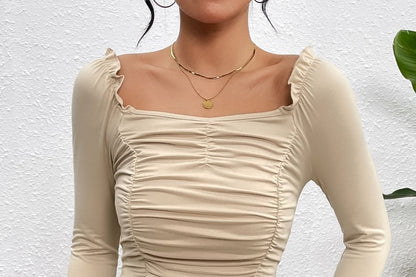 Ruched Crop Top with Square Neck and Long Sleeves in Solid Hue