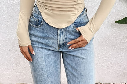 Ruched Crop Top with Square Neck and Long Sleeves in Solid Hue