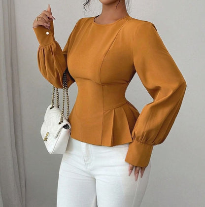 Pleated Hem Blouse in Solid Color with Crew Neck and Long Sleeves