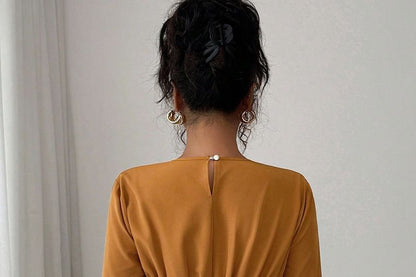 Pleated Hem Blouse in Solid Color with Crew Neck and Long Sleeves