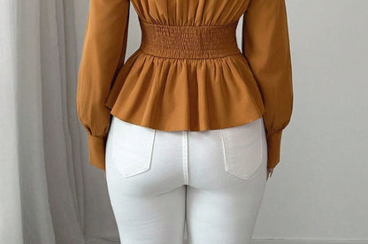 Pleated Hem Blouse in Solid Color with Crew Neck and Long Sleeves