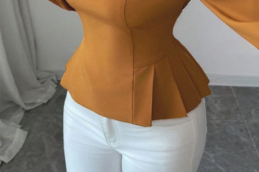 Pleated Hem Blouse in Solid Color with Crew Neck and Long Sleeves