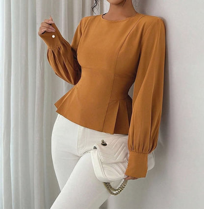 Pleated Hem Blouse in Solid Color with Crew Neck and Long Sleeves