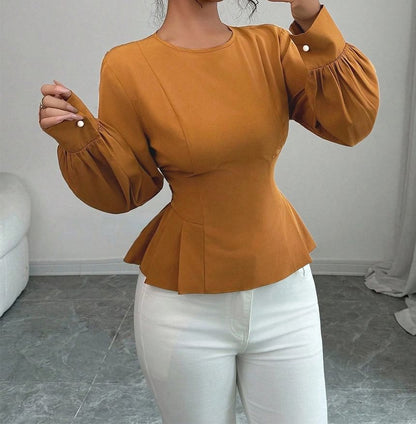 Pleated Hem Blouse in Solid Color with Crew Neck and Long Sleeves