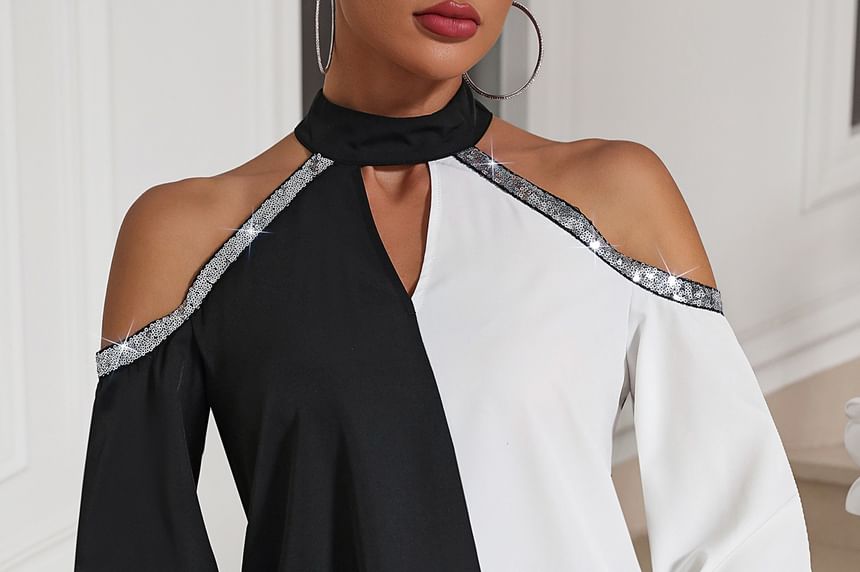 Two-Tone Sequin Trim Blouse with Halter Neck and Cutout Sleeves