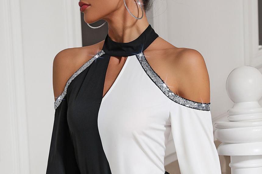 Two-Tone Sequin Trim Blouse with Halter Neck and Cutout Sleeves
