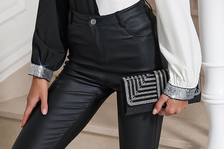 Two-Tone Sequin Trim Blouse with Halter Neck and Cutout Sleeves