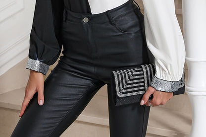 Two-Tone Sequin Trim Blouse with Halter Neck and Cutout Sleeves