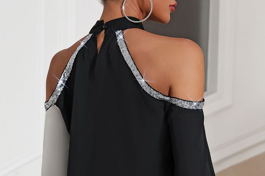 Two-Tone Sequin Trim Blouse with Halter Neck and Cutout Sleeves