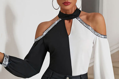 Two-Tone Sequin Trim Blouse with Halter Neck and Cutout Sleeves