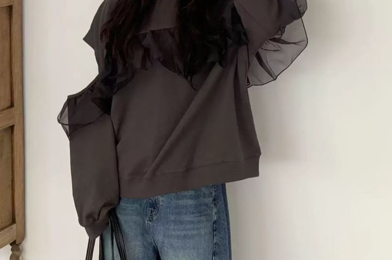 Ruffle Trim Cutout Crew Sweatshirt