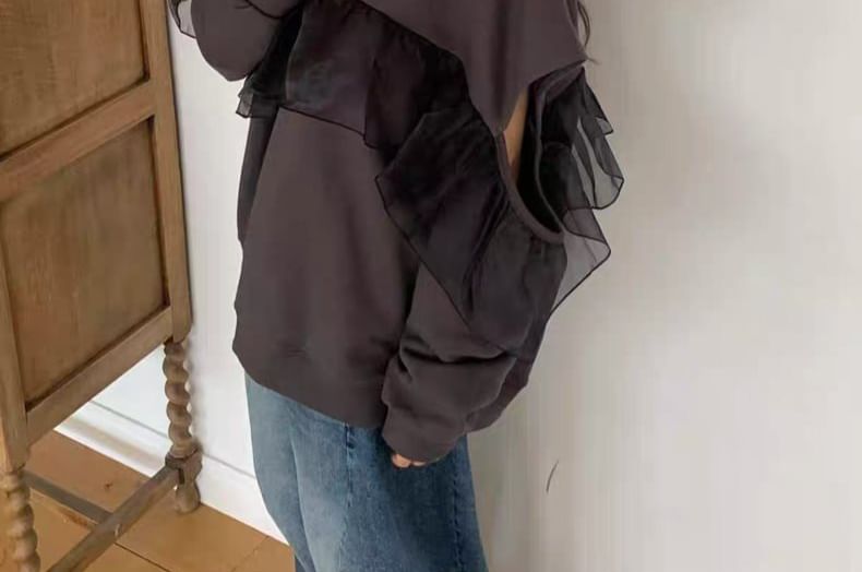Ruffle Trim Cutout Crew Sweatshirt