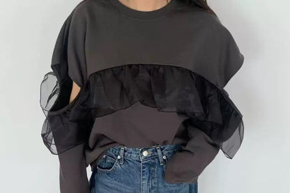 Ruffle Trim Cutout Crew Sweatshirt