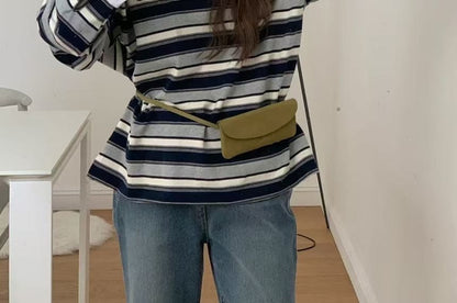 Striped Lace Trim V-Neck Tee with Collar